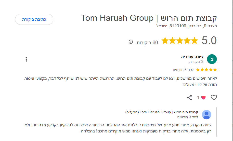 ביקורת גוגל 5 כוכבים · קבוצת תום הרוש